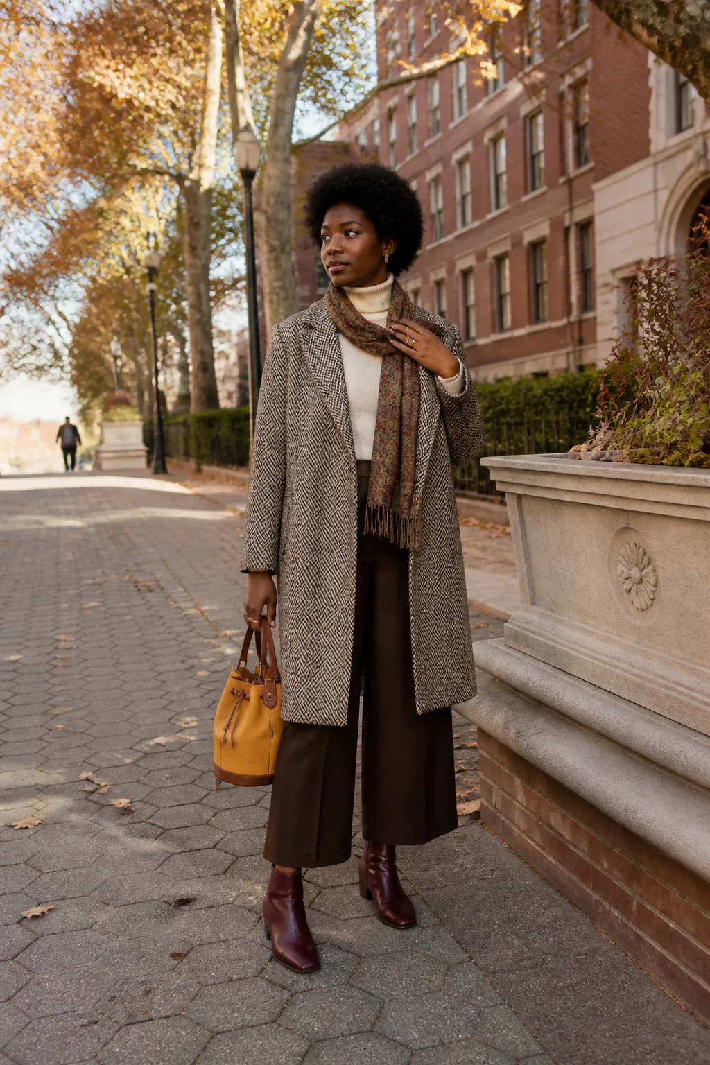 Herringbone Coat, Ivory Turtleneck and Brown Culottes
