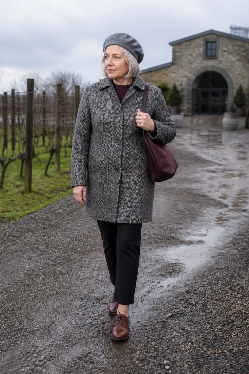 Herringbone Coat with Black Trousers
