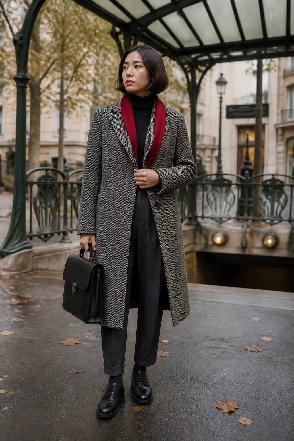 Herringbone Coat with Pleated Trousers