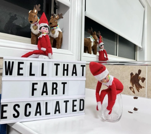 Hilarious Red and White Elf with a Cheeky Sign Perfect for Holiday Fun