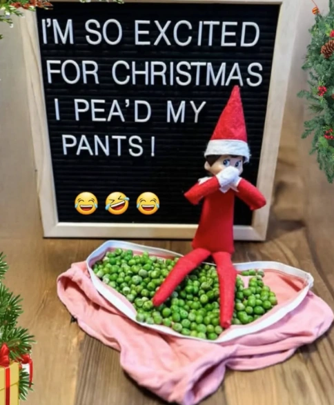 Hilarious Red Elf with Green Peas Perfect for Last Minute Elf on the Shelf Ideas