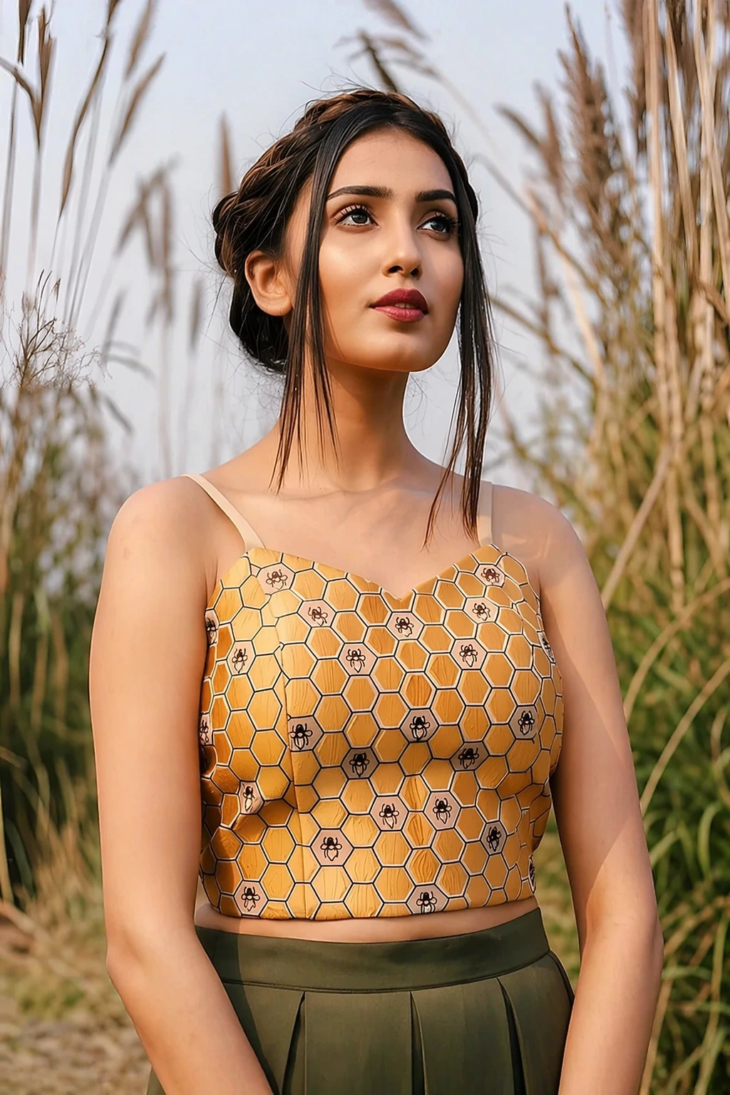 Honeycomb Pattern Yellow Cami Top + Olive Green High-Waisted Skirt + Strappy Heeled Sandals