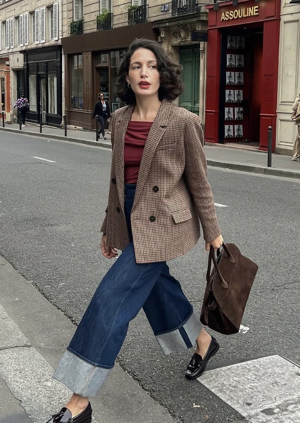 Houndstooth Blazer + Burgundy Tank + Wide-Leg Jeans