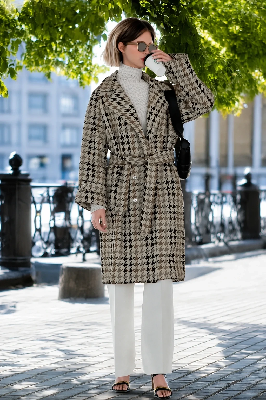 9- Houndstooth Coat with White Wide-Leg Trousers