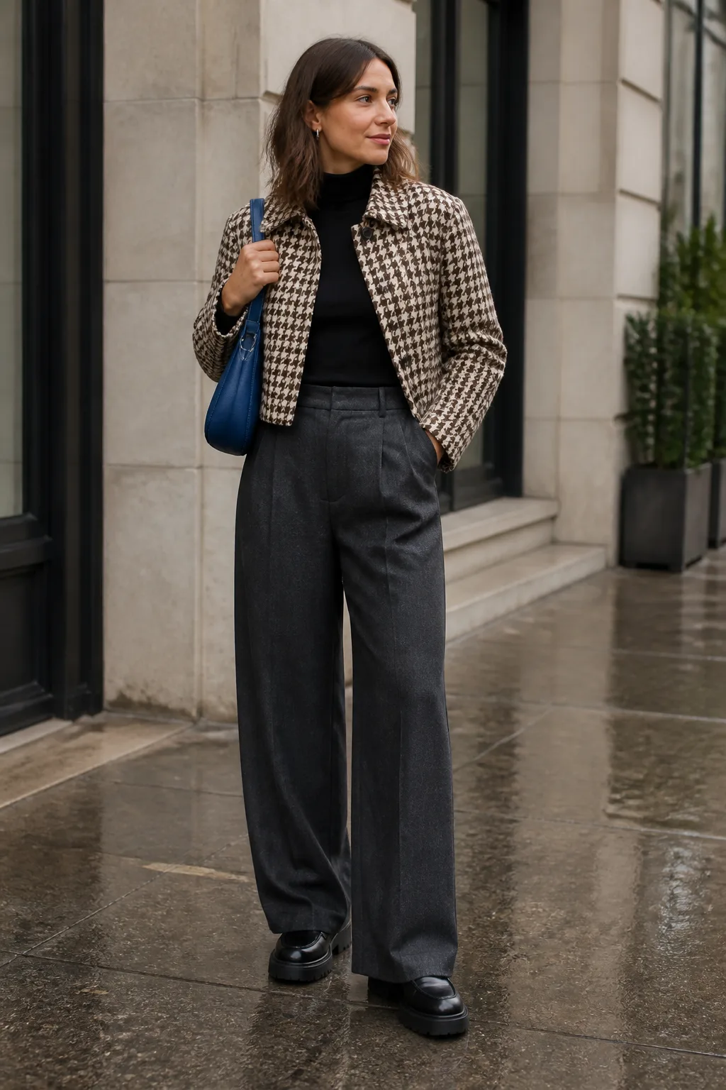 Houndstooth Jacket with Wide-Leg Trousers