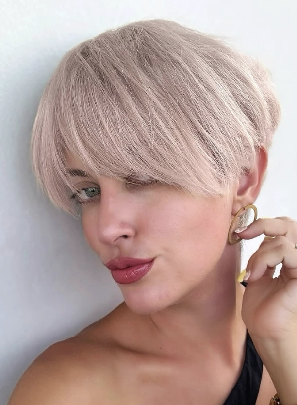 Icy Blonde, Chin-Length Long Pixie with Face-Framing Layers