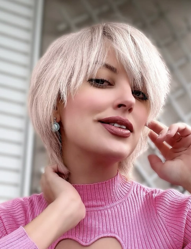 Icy Blonde Textured Long Pixie Bob with Bangs