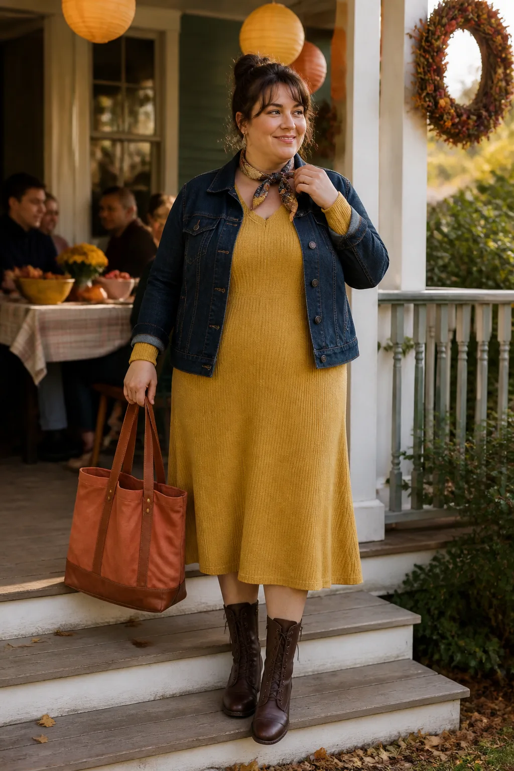 Indigo Denim Jacket with Mustard Midi Dress
