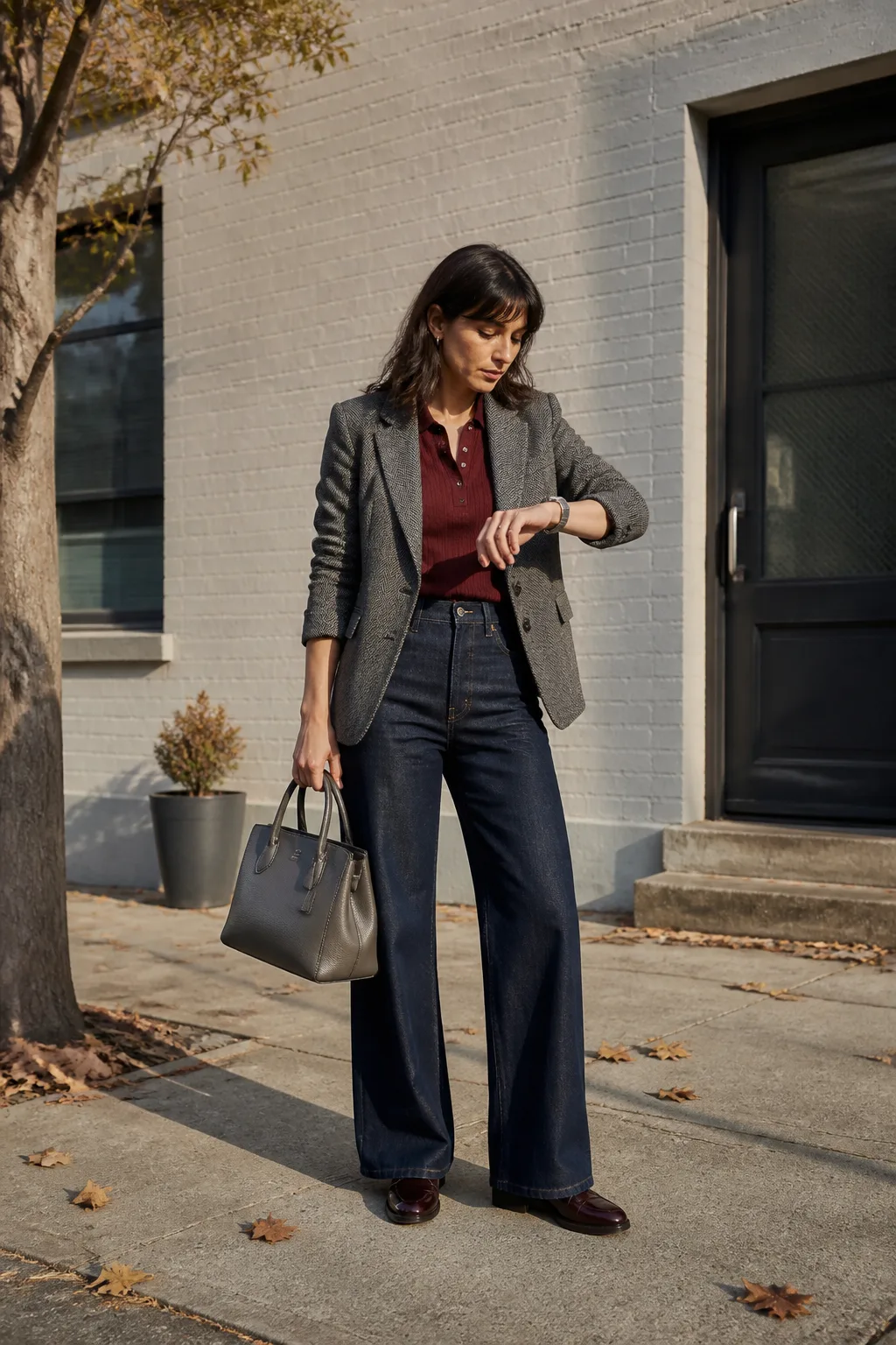 Indigo Jeans with a Burgundy Knit Polo