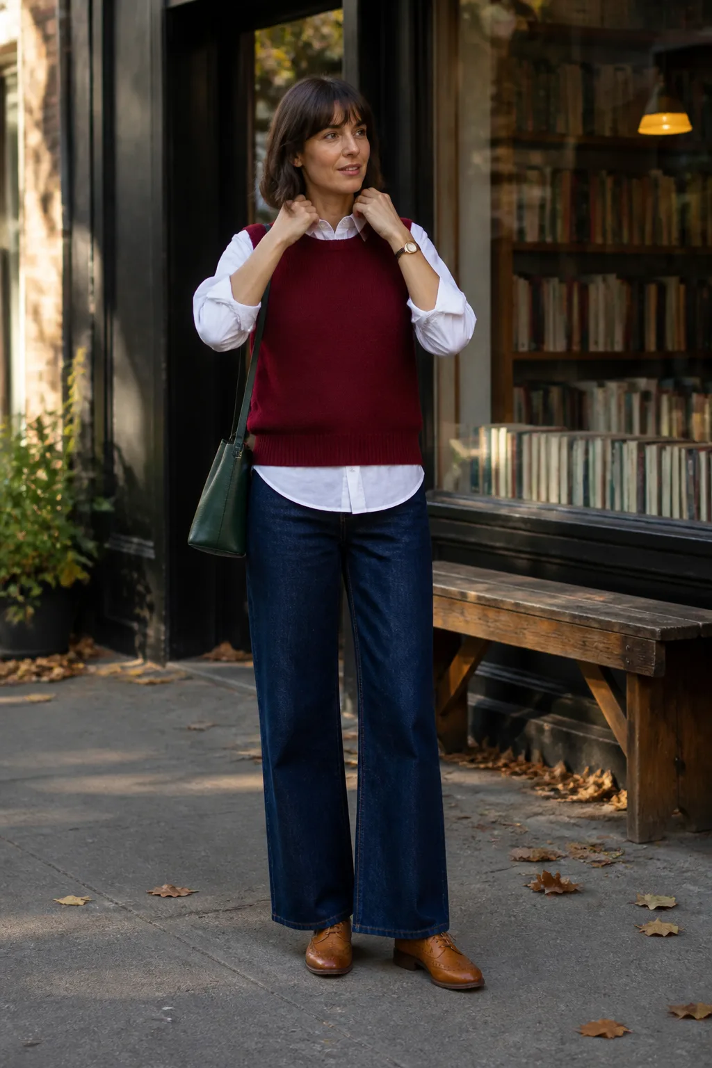 Indigo Jeans with a Fine-Knit Vest