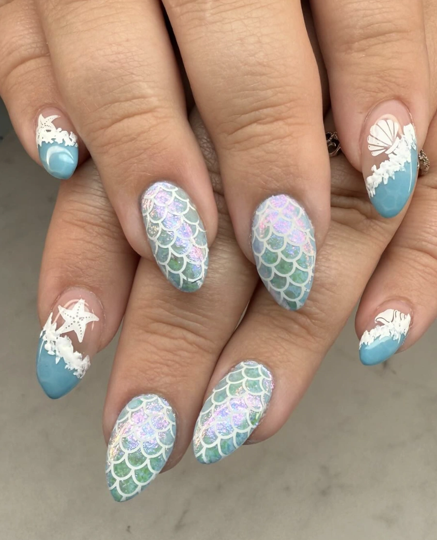 Iridescent Mermaid Scale Nails with Ocean Accent Nails