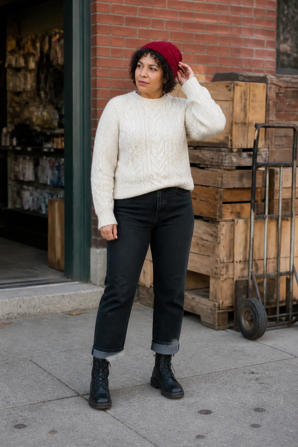 Ivory Aran Sweater with Black Denim