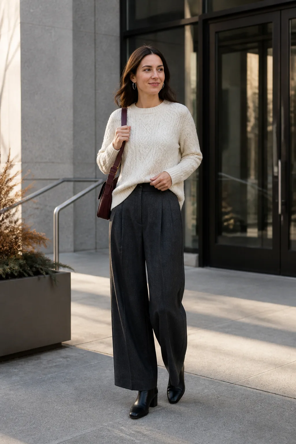 Ivory Cable-Knit Sweater with Charcoal Trousers