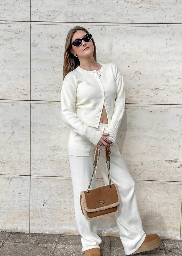 Ivory Cardigan Set + Shearling Trim Bag