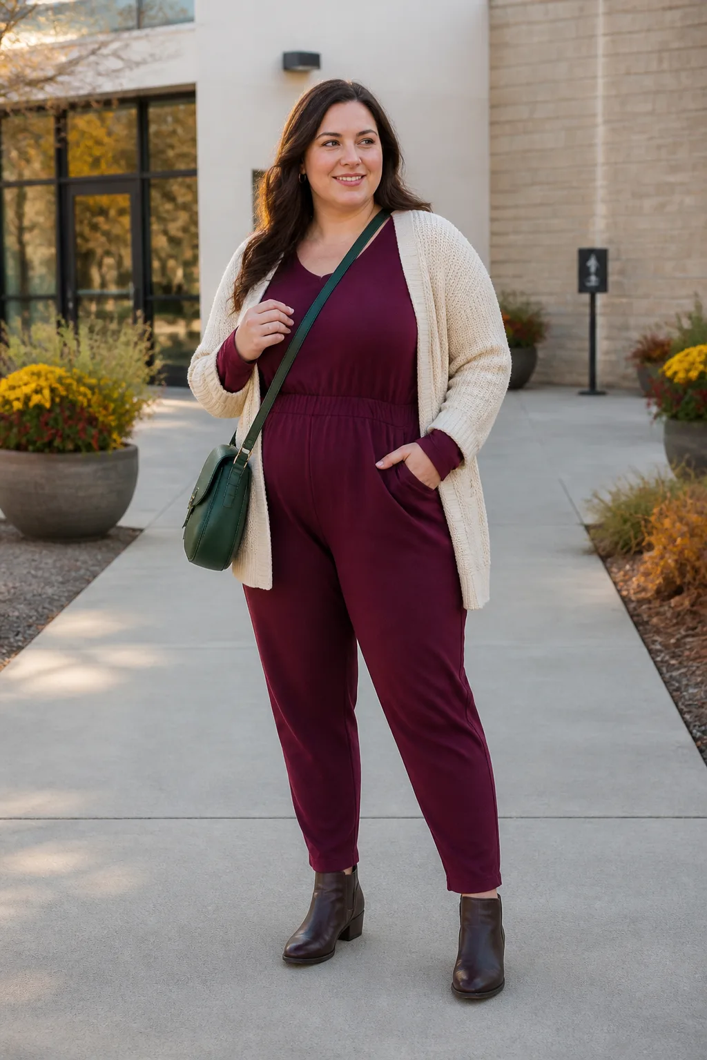 Ivory Cardigan with Berry Jumpsuit