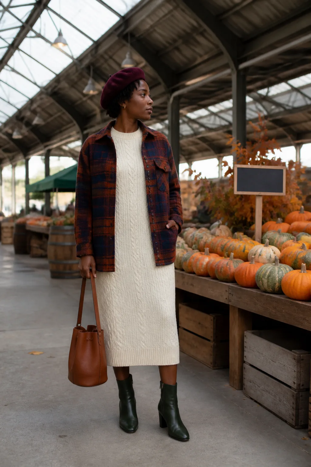 Ivory Knit Dress with a Plaid Overshirt