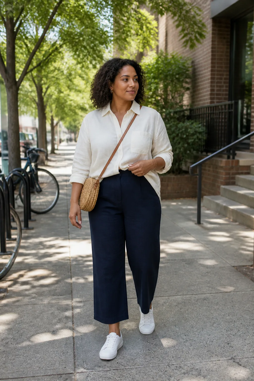 Ivory Linen Shirt with Navy Wide-Leg Trousers