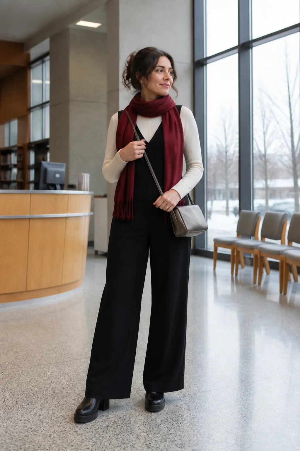 Ivory Sweater with Pleated Black Jumpsuit