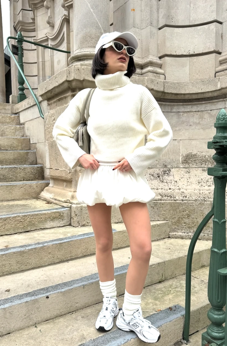 Ivory Turtleneck Sweater + White Bubble Skirt + White Sneakers + White Socks + White Hat
