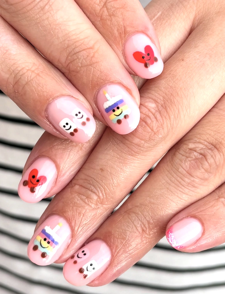 Kawaii Pastel Pink Nails with Celebration Decals