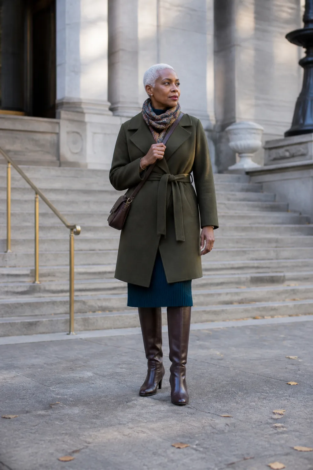 Knit Midi Dress, Belted Coat, and Tall Boots