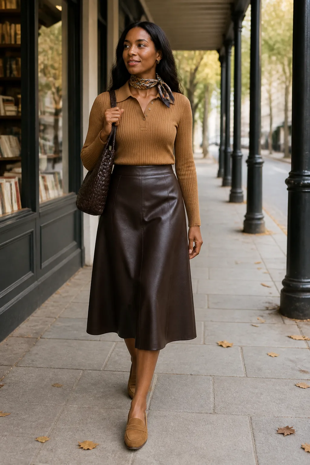 Knit Polo with Leather Midi Skirt