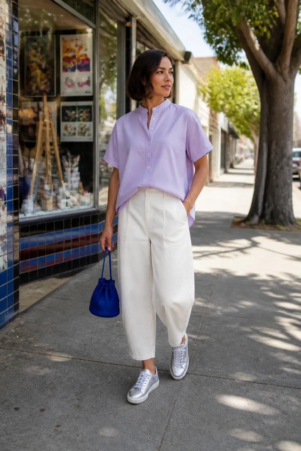 Lavender Blouse with Ecru Barrel-Leg Pants