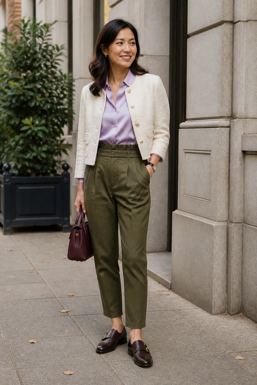 Lavender Blouse with Olive Paperbag Trousers