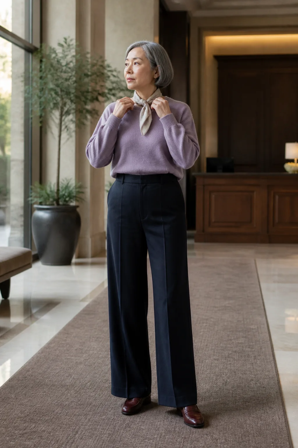 Lavender Crewneck with Wide-Leg Wool Pants