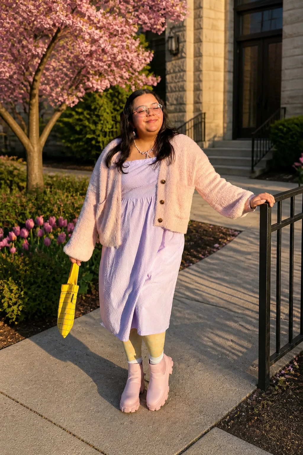 6- Lavender Dress With a Chunky Sweater