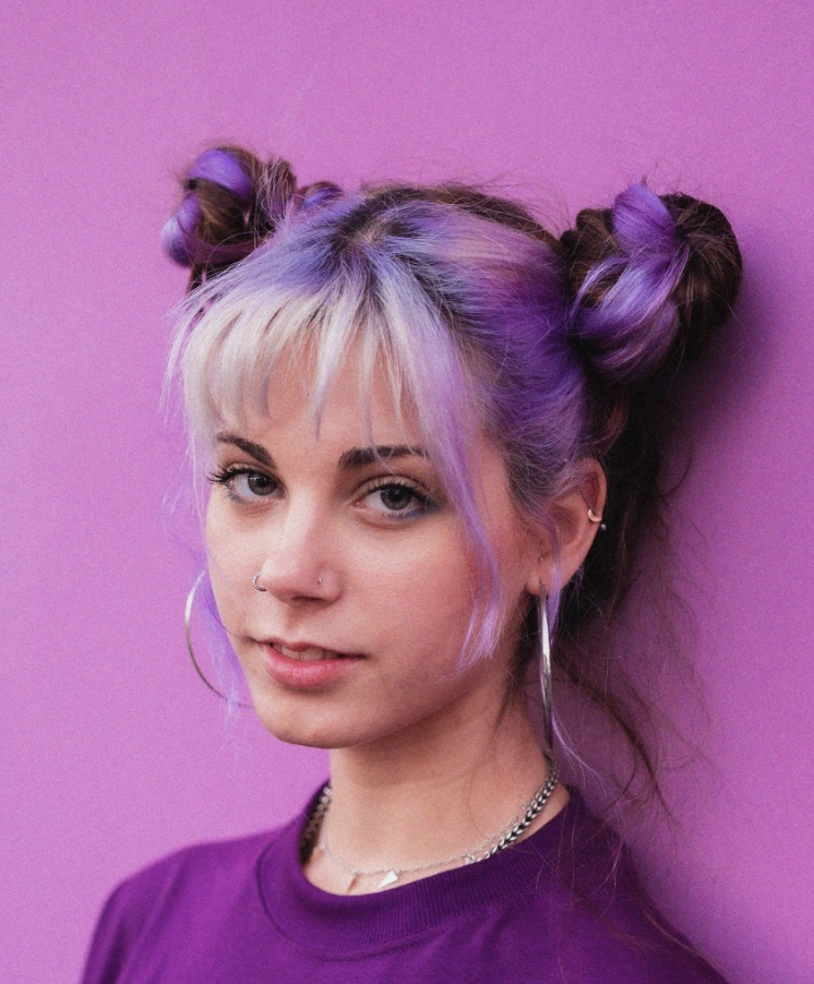 Lavender Haze: Dimensional Bright Purple Hair with Blonde Bangs