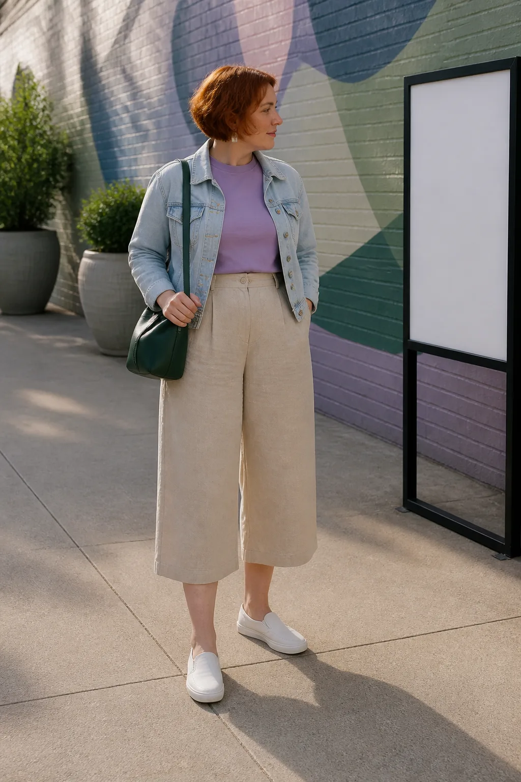 Lavender T-Shirt with Beige Culottes