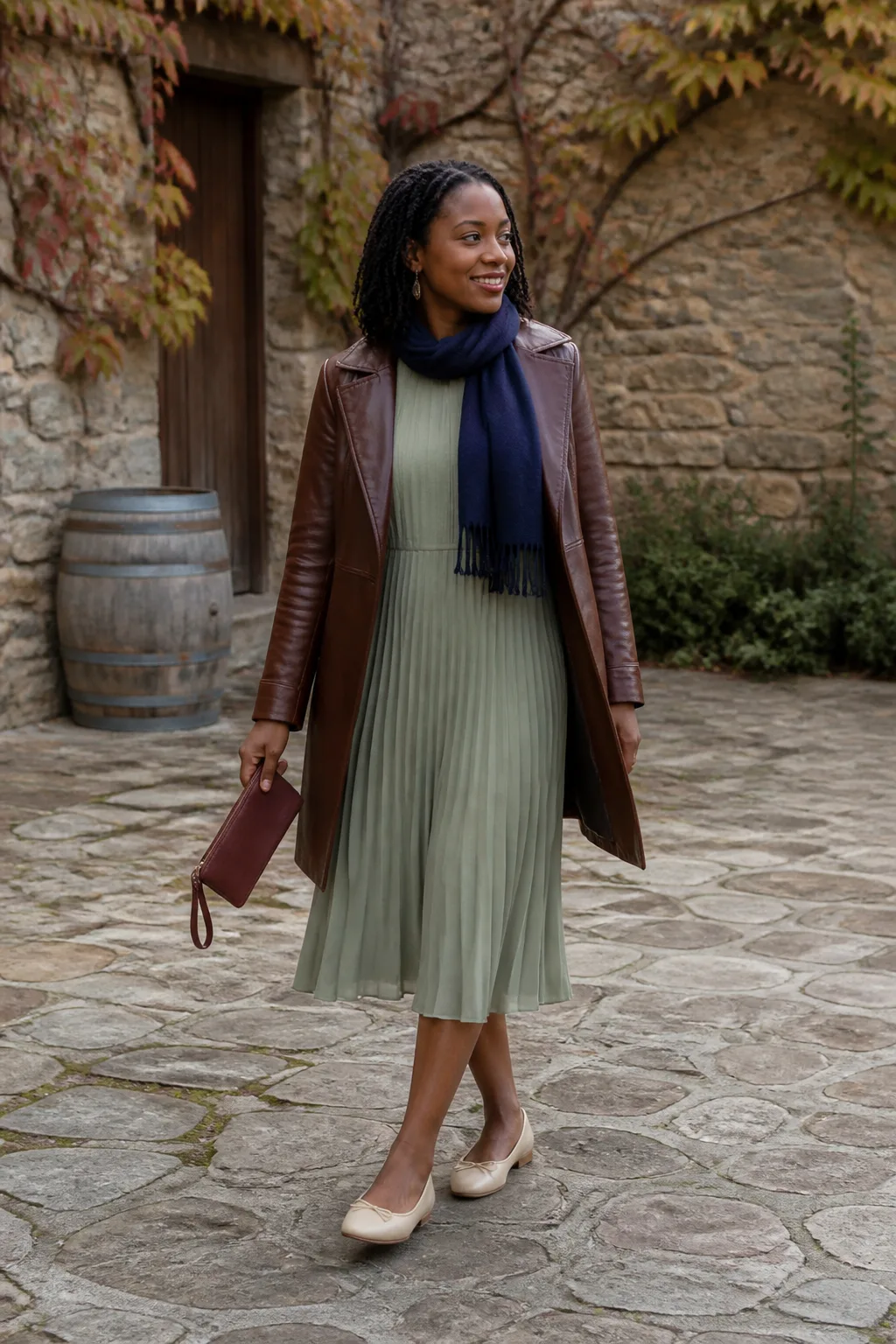 Leather Belted Coat with Pleated Dress