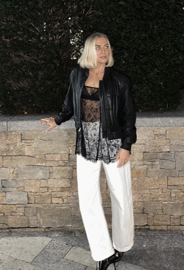 Leather Bomber Jacket + Lace Top + White Barrel Pants + Black Heels