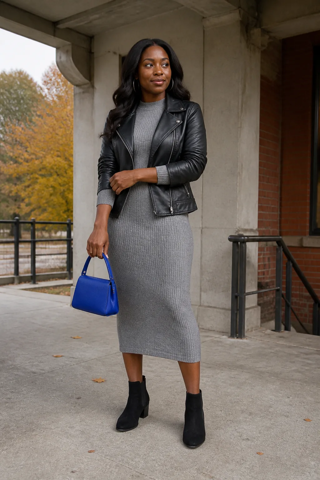 Leather Jacket with Knit Dress