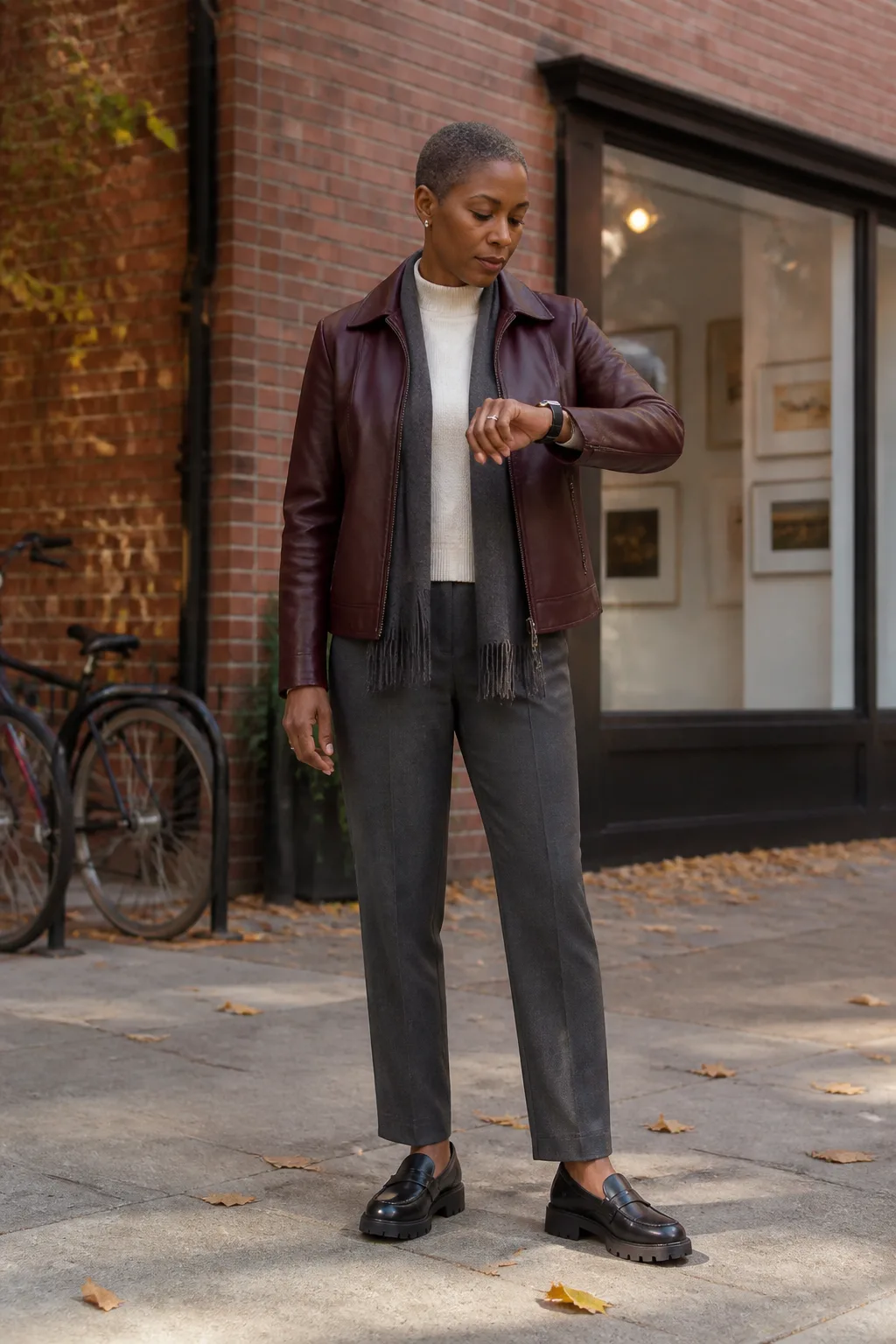 Leather Jacket, Wool Trousers, and Knit Scarf