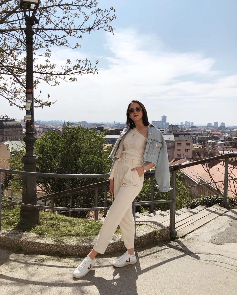 16- Light Beige Pants and Denim Jacket