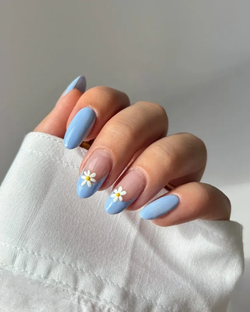 8- Light Blue Almond Nails With Daisies
