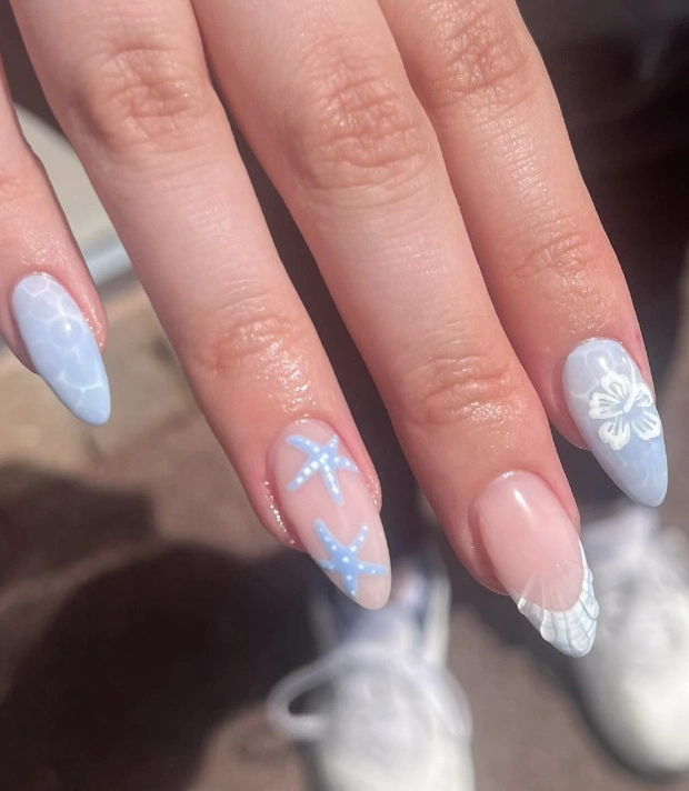 Light Blue Beach Theme Nail Art