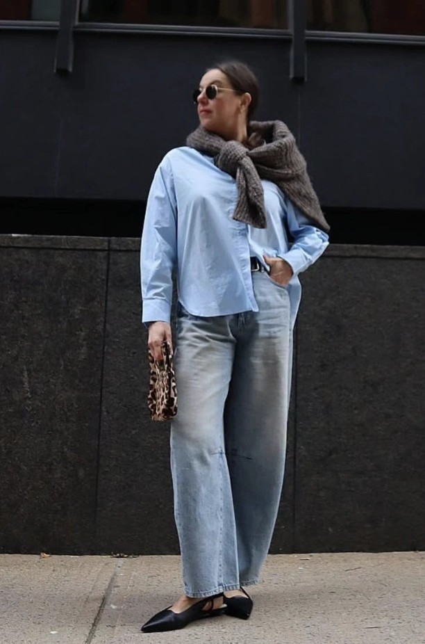 Light Blue Button-Down + Barrel Jeans + Slingback Flats