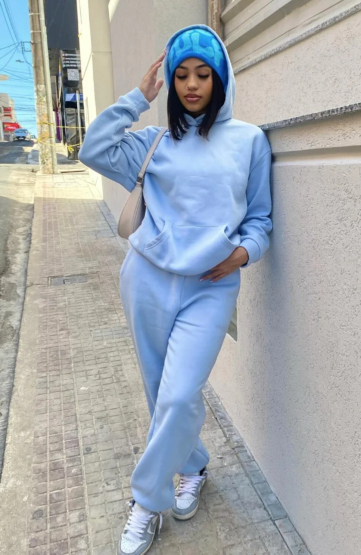 Light Blue Oversized Hoodie + Light Blue Jogger Pants + White Gray Sneakers + Blue Knit Beanie
