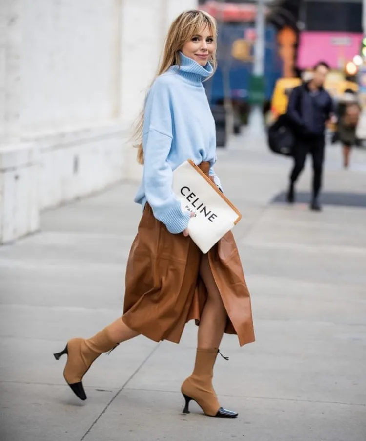 Light Blue Turtleneck Sweater + Brown Midi Skirt + Tan Black Ankle Boots