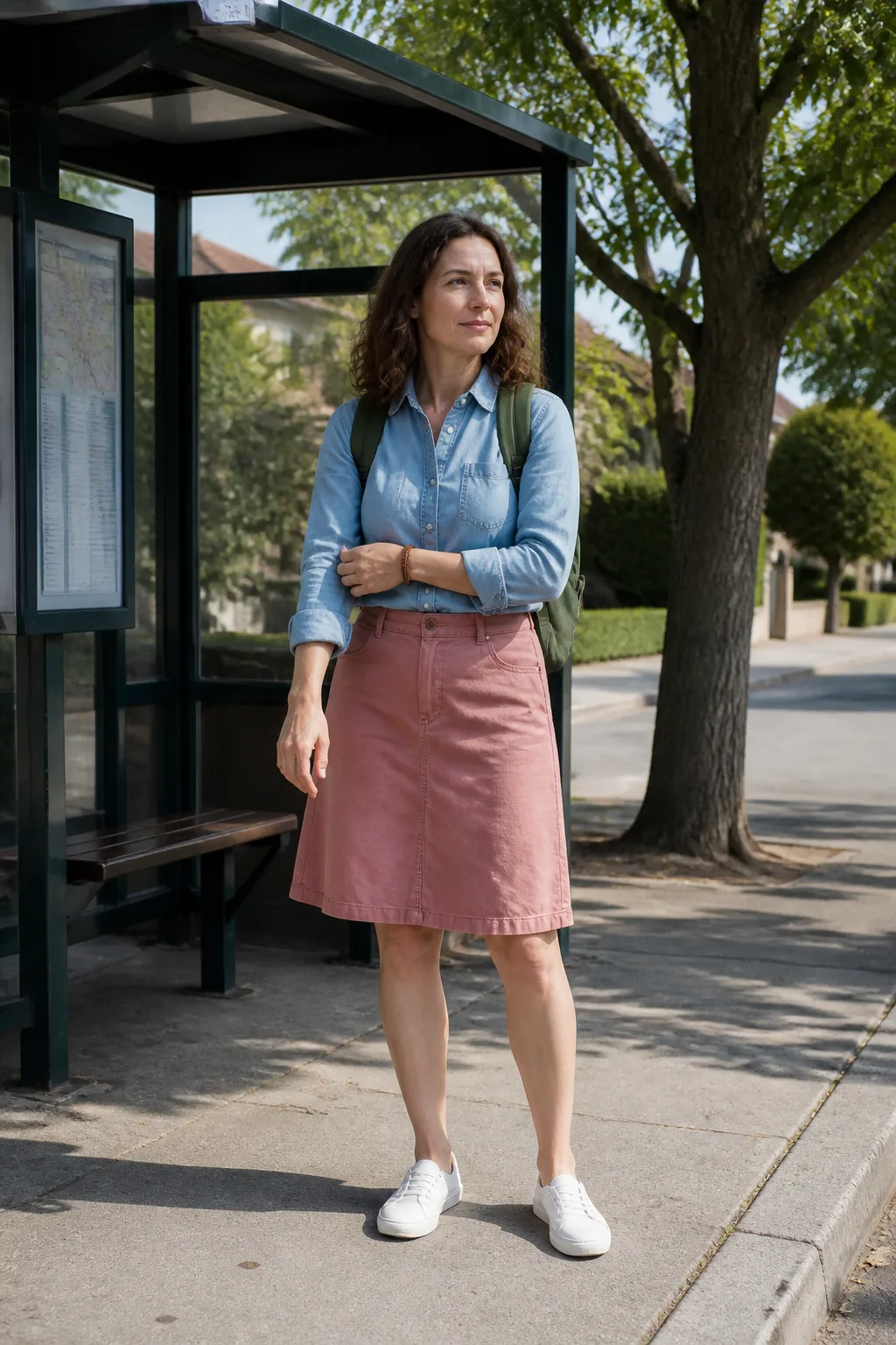 Light Denim Shirt with Pink Chino Skirt