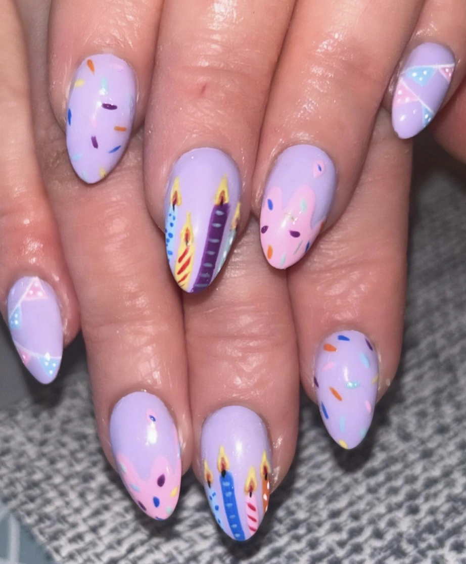 Lilac Almond Nails with Candle and Confetti Designs