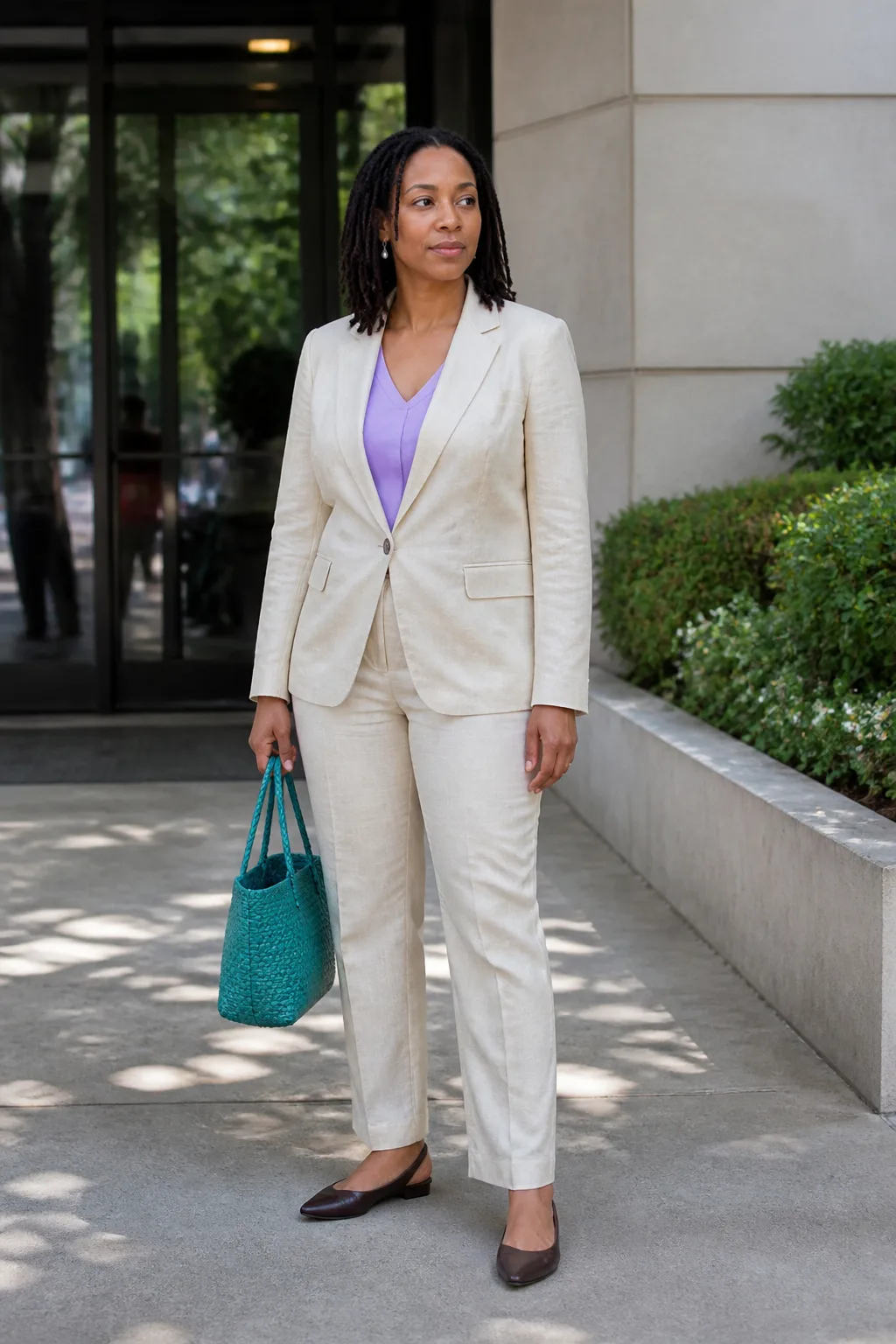 Lilac Blouse with Cream Linen Suit