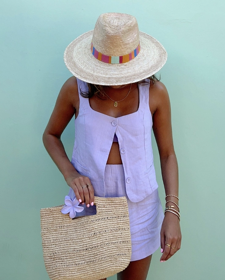 Lilac Linen Set + Straw Hat + Woven Tote