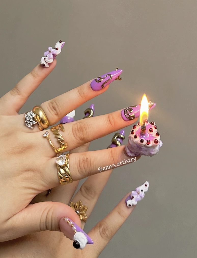 Lilac Stiletto Nails with 3D Cake and Gold Detailing