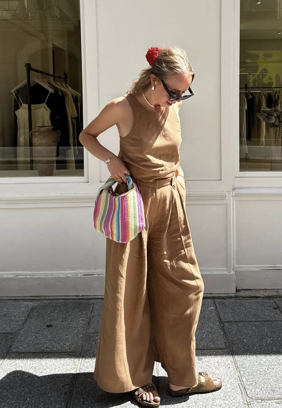 Linen Tank + Wide Leg Pants + Rainbow Crochet Bag