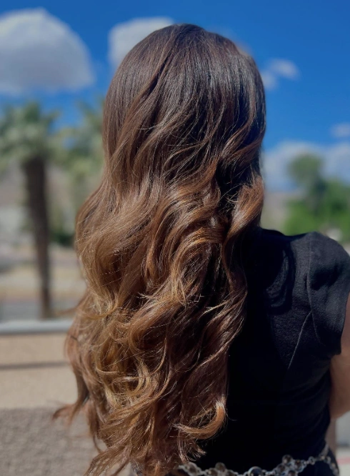Long Brunette Hair with Loose Curls and Subtle Highlights