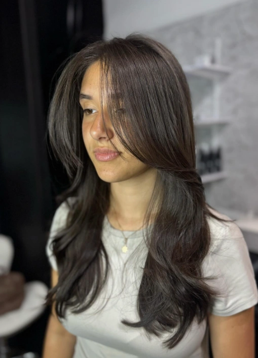 Long Brunette Layers with Face-Framing Curtain Bangs